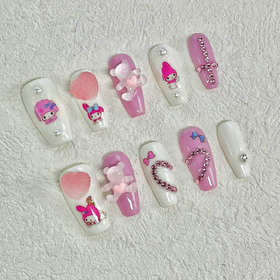 810 Handmade Press on Nails 10pcs Candy Melody